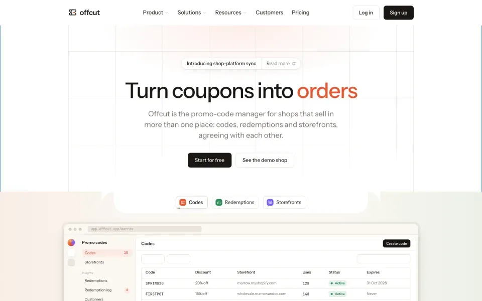 Offcut: Promo-Code Manager for Small Shops, Landing to App in One File